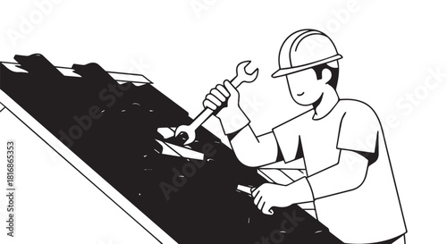 Construction worker on a sloped roof installing shingles with hammer and nails, wearing a helmet.