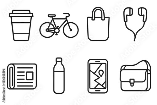 Urban Essentials Icons. Urban lifestyle linear icon set: coffee cup, bicycle, tote bag, earbuds, newspaper, reusable bottle, phone map, messenger bag