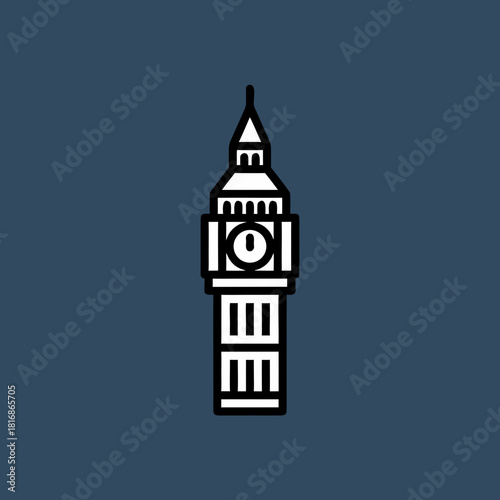 A minimalist line art illustration of Big Ben clock tower in London, United Kingdom, against a dark blue background.