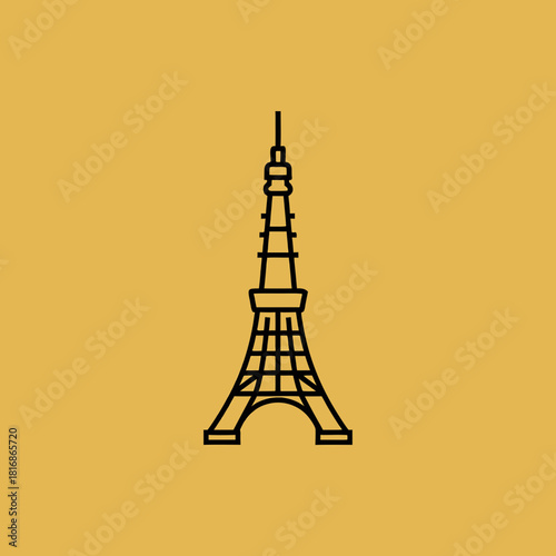 A simple black line art illustration of the iconic Tokyo Tower against a plain mustard yellow background, depicting a famous Japanese landmark.