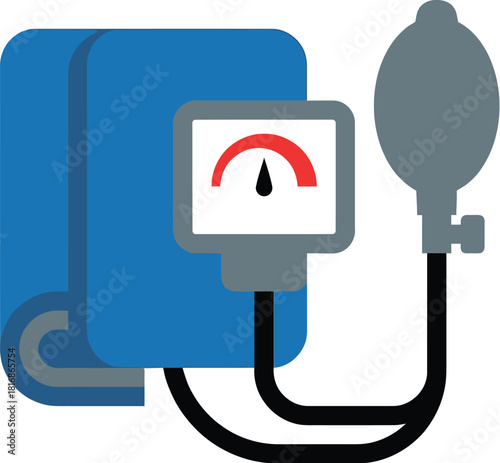Stylized illustration of a blue blood pressure monitor with gauge and bulb on transparent background