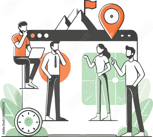 Teamwork and business strategy with location targeting and mountain goal achievement