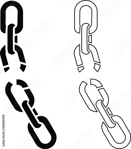 Broken chain link presented in both silhouette and outlined styles to symbolize disconnection or a break