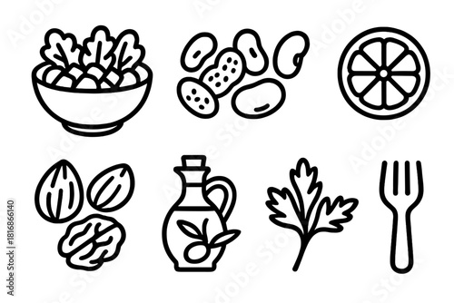 Vegan Icons Display. Vegan Meals linear icon set. salad bowl, grain bowl, legumes, fruit slice, nuts, olive oil bottle, herbs, reusable fork.