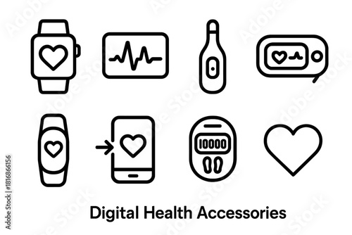 Digital Health Icons. Digital Health Accessories linear icon set: smartwatch, ECG display, temperature sensor, blood oxygen meter, fitness band, phone sync, step counter, heart