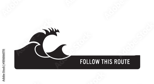 Stylized wave logo with a bold follow this route banner design.