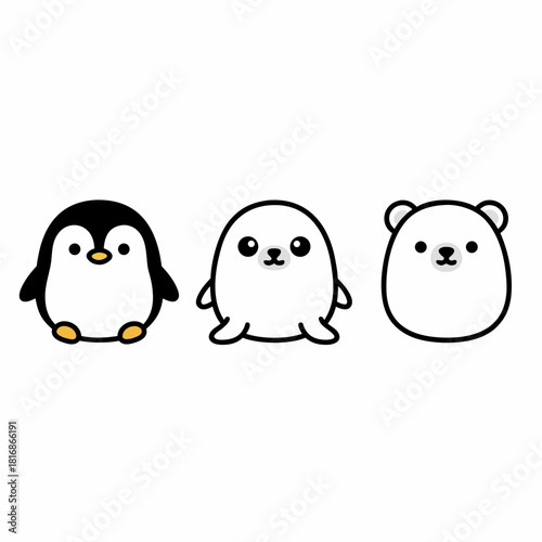 Cute cartoon penguin, seal, and polar bear characters in a minimalist style.