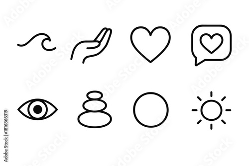 Emotional Stability Icons. Emotional stability at work elements linear icon set: calm wave, steady hand, heart symbol, supportive chat bubble, focus eye, grounding stone, clarity