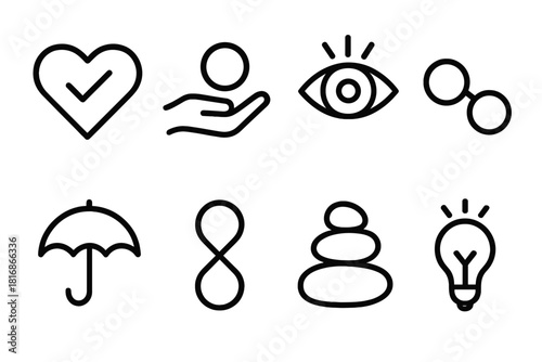 Safety Communication Icons. Safety-Oriented Communication Concepts linear icon set: trust heart, responsibility ring, awareness beam, connection line, prevention curve, unity loop