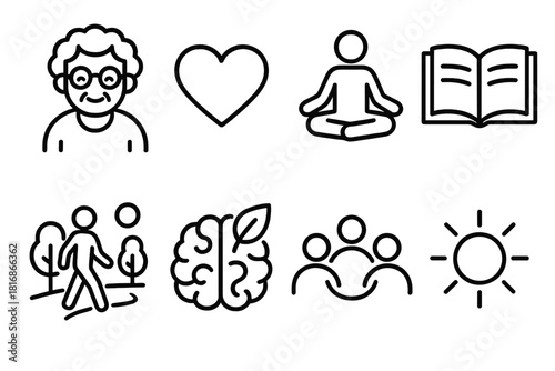 Positive Aging Icons. Positive Aging Mindset Set linear icon set. smiling senior, heart icon, yoga pose, open book, nature walk, brain health, social connection, sunshine symbol