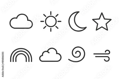 Sky Elements Icons. Sky elements linear icon set: cloud, sun, moon, star, rainbow arc, fluffy cloud cluster, sky swirl, gentle breeze line