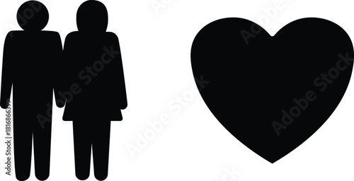 man and a woman silhouette standing together next to a heart symbolizing love and a relationship