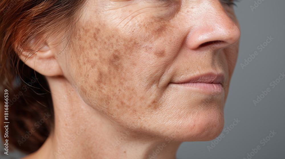 Naklejka premium Close up of woman with mild dark spots on cheekbone, soft cream background, showing skin pigmentation, aging, and natural complexion