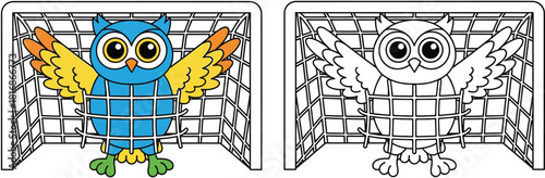 Cartoon owl playing soccer goalkeeper in goal net. Coloring book page for kids. Vector illustration of cute bird sport character. Color and outline version.