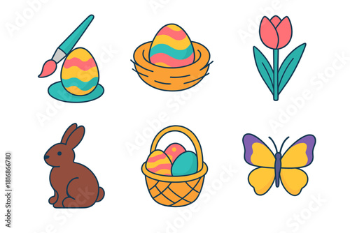 Spring Icon Set. Spring Celebration flat icons set. egg painting brush, nest, tulip, chocolate bunny, basket, butterfly