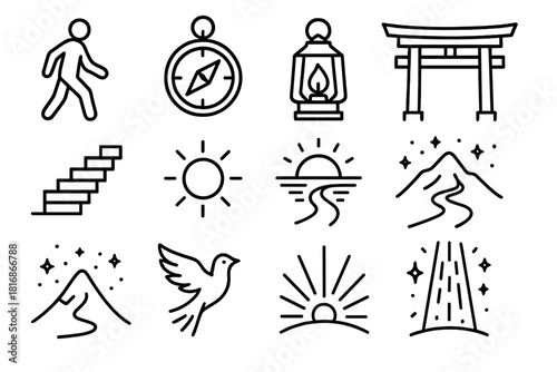 Spiritual Journey Icons. Spiritual journey linear icon set: walking figure, compass, lantern, temple gate, staircase, glowing orb, horizon, star field, path line, mountain, spirit