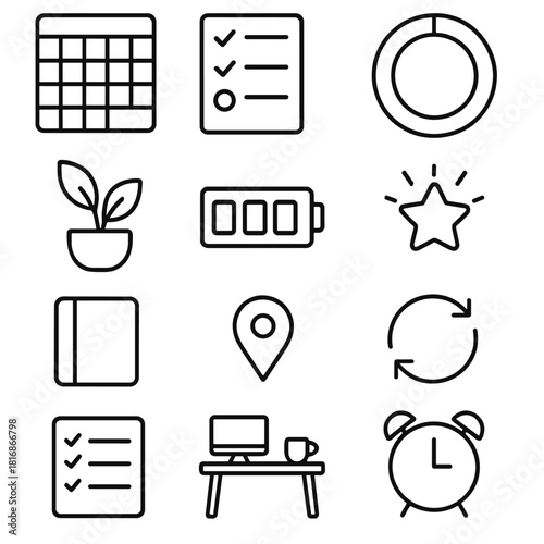 Productivity Icons Set. Daily Productivity Elements linear icon set: habit tracker, task queue, progress circle, motivational star, calm workspace plant, energy bar icon, priority