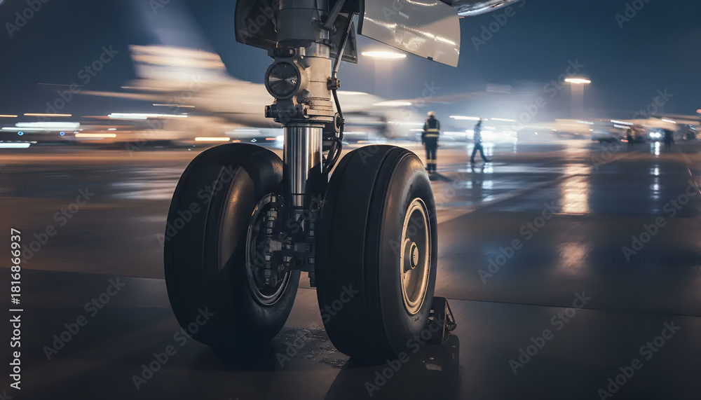 Fototapeta premium A detailed view of airplane landing gear at night, showcasing aviation technology, ideal for engineering articles or aviation enthusiasts.