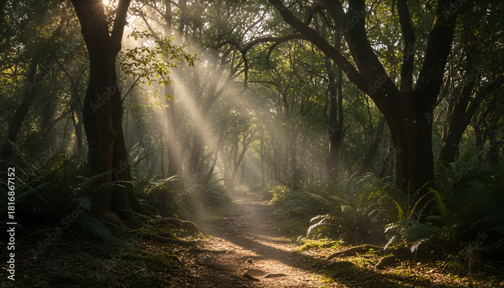Obraz premium Tranquil forest scene with sunlight illuminating a winding path, great for outdoor adventure themes or relaxation imagery.