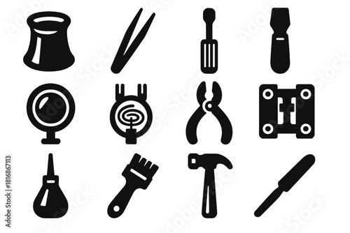 Watchmaker Tool Icons. Watchmaker Precision Tools silhouette icon set. loupe, tweezers, screwdriver, case opener, balance spring tool, magnifier, pliers, movement holder, oiler