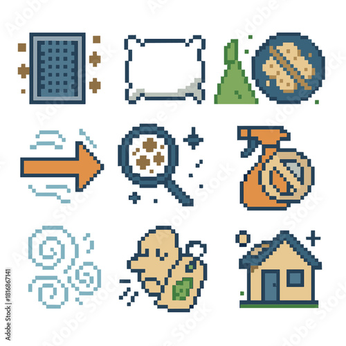 Allergen Control Icons. Home Allergen Control Symbols pixel style icon set: dust trap panel, hypoallergenic pillow, clean-floor path, mold prevention badge, ventilation arrow