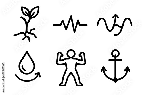 Resilience Icon Set. Resilience linear icon set: strong branch, steady rhythm bar, resilience wave, anchored form, recovery droplet, empowered stance