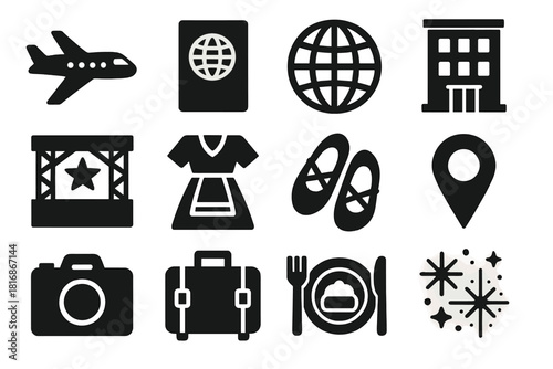 Festival Travel Icons. International Festival Tour silhouette icon set: airplane, passport, globe, hotel, music stage, folk costume, dance shoes, map marker, camera, suitcase, food