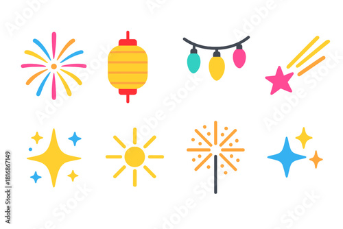 Vibrant Fireworks Icons Set. Festival Fireworks & Lights Icons set flat icons set. fireworks bloom, lantern, glowing string lights, comet trail, shimmer spark, radiant flare