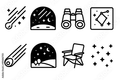 Stargazing Night Icons. Stargazing Night linear icon set: meteor shower, glowing sky, binoculars, constellation chart, comet streak, twilight landscape, camp chair, starry pattern