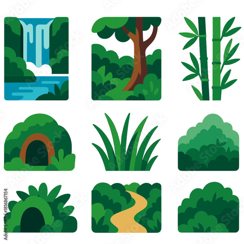 Vibrant Jungle Vista. Jungle scenery flat icon set: waterfall, river curve, tree trunk, bamboo cluster, cave entrance, tall grass, forest path, misty hill
