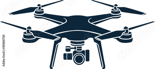 A dark blue illustration of a modern quadcopter drone with a camera floating on a plain white background