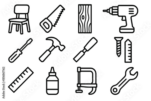 Furniture Crafting Icons. Custom Furniture Making Icons linear icon set. chair, saw, wood plank, drill, screwdriver, hammer, chisel, screw, ruler, glue, clamp, wrench