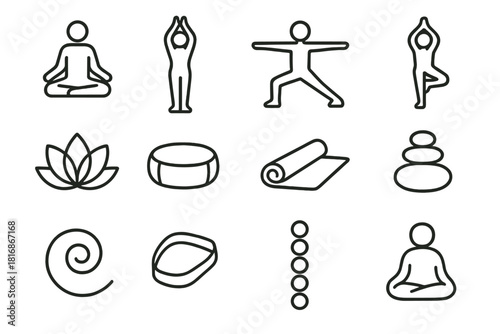 Yoga Pose Icons. Yoga Practice Set linear icon set: seated pose, mountain pose, warrior pose, tree pose, lotus icon, meditation cushion, yoga mat, balance stone stack, calm breath