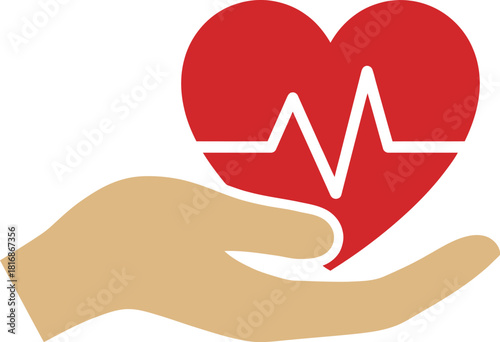 A caring hand gently holding a red heart with an electrocardiogram line on transparent background