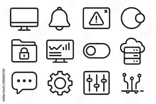 System Notification Icons. System Notifications linear icon set: computer monitor, notification bell, alert popup, badge icon, secure folder, dashboard screen, toggle switch, cloud