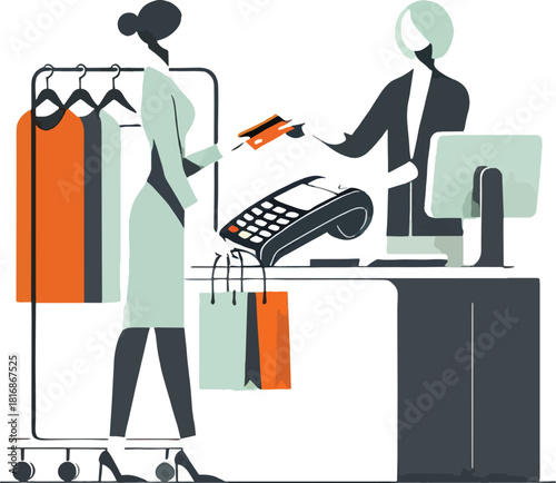 Woman paying with credit card at a clothing store checkout counter illustration