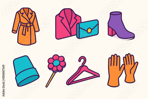 Chic Outerwear Icons. Chic Outerwear flat icon set: belted coat, lapel detail, clutch bag, ankle boots, folded sleeve, brooch, hanger, gloves