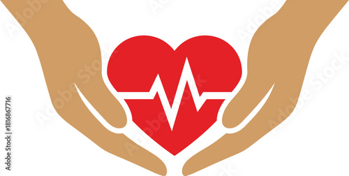 Hands gently cradling a red heart with an electrocardiogram line symbolizing care on transparent background