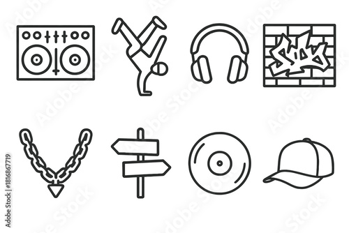 Hip-Hop Icons Collection. Hip-Hop Culture linear icon set: DJ mixer, breakdancer, headphones, graffiti wall, gold chain, street sign, record disc, cap with brim