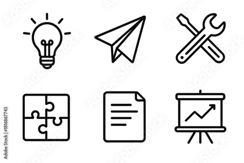 Innovative Idea Icons. Creative bootstrapping linear icon set. light bulb, paper plane, tools, puzzle pieces, document, chart board.