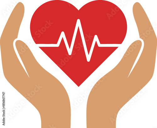 Hands gently cradling a red heart with an electrocardiogram line a symbol of care on transparent background