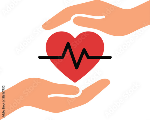 Two hands gently cradling a red heart with an electrocardiogram line on transparent background