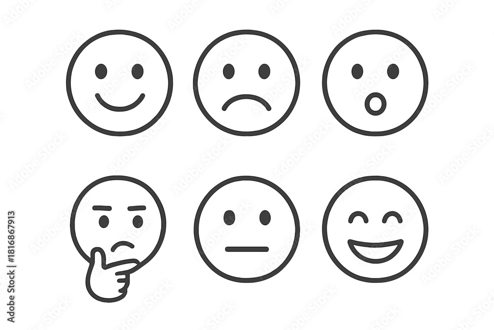 Fototapeta premium Expressive Faces Icons. Human Expressions Set linear icon set: happy face, sad face, surprised face, thinking face, neutral face, laughing face