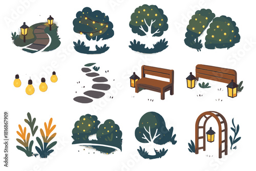 Evening Garden Icons. Evening Garden Glow flat icons set. lanterns along path, fairy lights in trees, glowing shrubs, warm-toned bulbs, stone walkway, cozy seating, illuminated