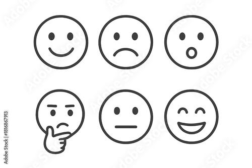Expressive Faces Icons. Human Expressions Set linear icon set: happy face, sad face, surprised face, thinking face, neutral face, laughing face