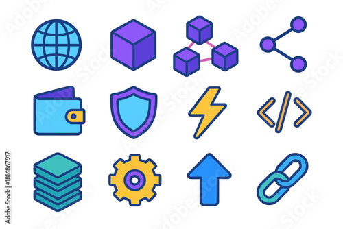 Web3 Icon Set. Web3 Infrastructure flat icon set: globe, cube, node, connection line, wallet, shield, lightning bolt, code symbol, data block, gear, arrow, link
