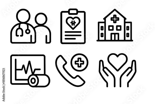 Medical Icon Set. Medical Care Services linear icon set: doctor and patient, health chart, hospital icon, bandage roll, wellness graph, emergency phone, lab test tube, healing