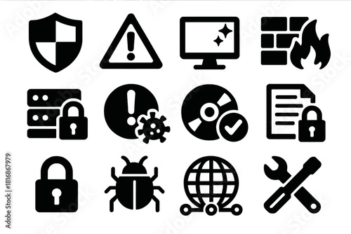 Brutalist Security Icons. System Protection silhouette icon set. shield emblem, warning triangle, clean screen, firewall defense, secure server, virus alert, antivirus disk, data