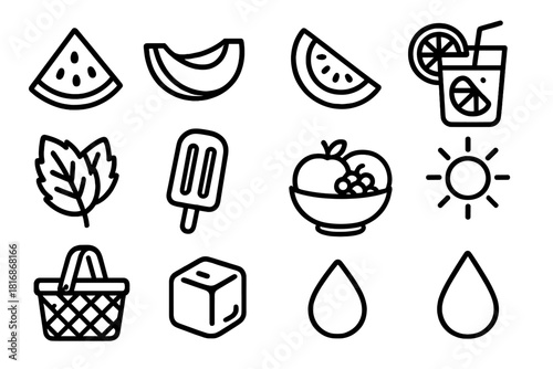 Refreshing Summer Icons. Summer Refresh linear icon set: watermelon, cantaloupe, honeydew, strawberry slice, lemonade glass, mint leaf, fruit popsicle, bowl of fruit, sun icon