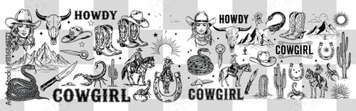 Seamless pattern with cowgirl elements like hats boots horseshoes cacti and desert landscapes design